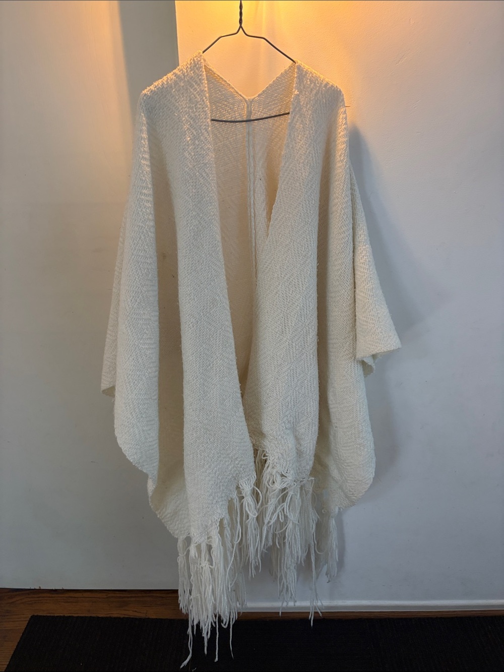 Lightweight Cream Fringe Open-Front Poncho